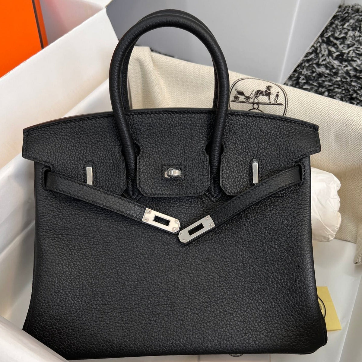 H*M B*RKIN 25CM BLACK TOGO LEATHER SILVER HARDWARE