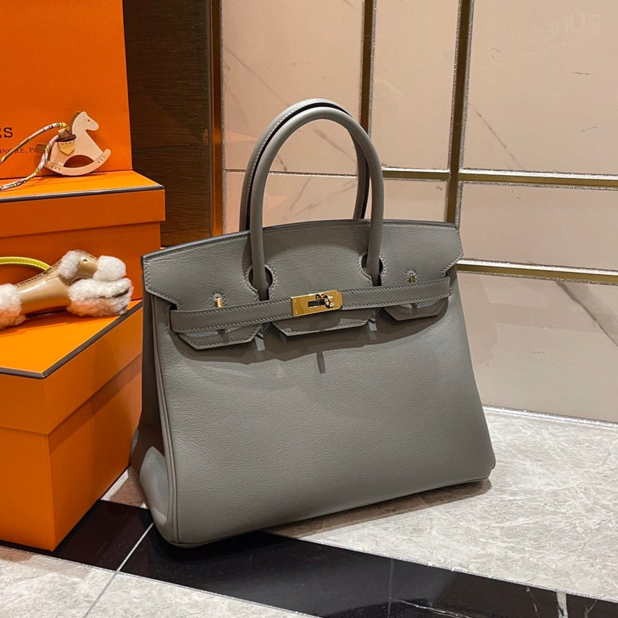 H*M B*RKIN 30CM GREY SWIFT LEATHER GOLD HARDWARE