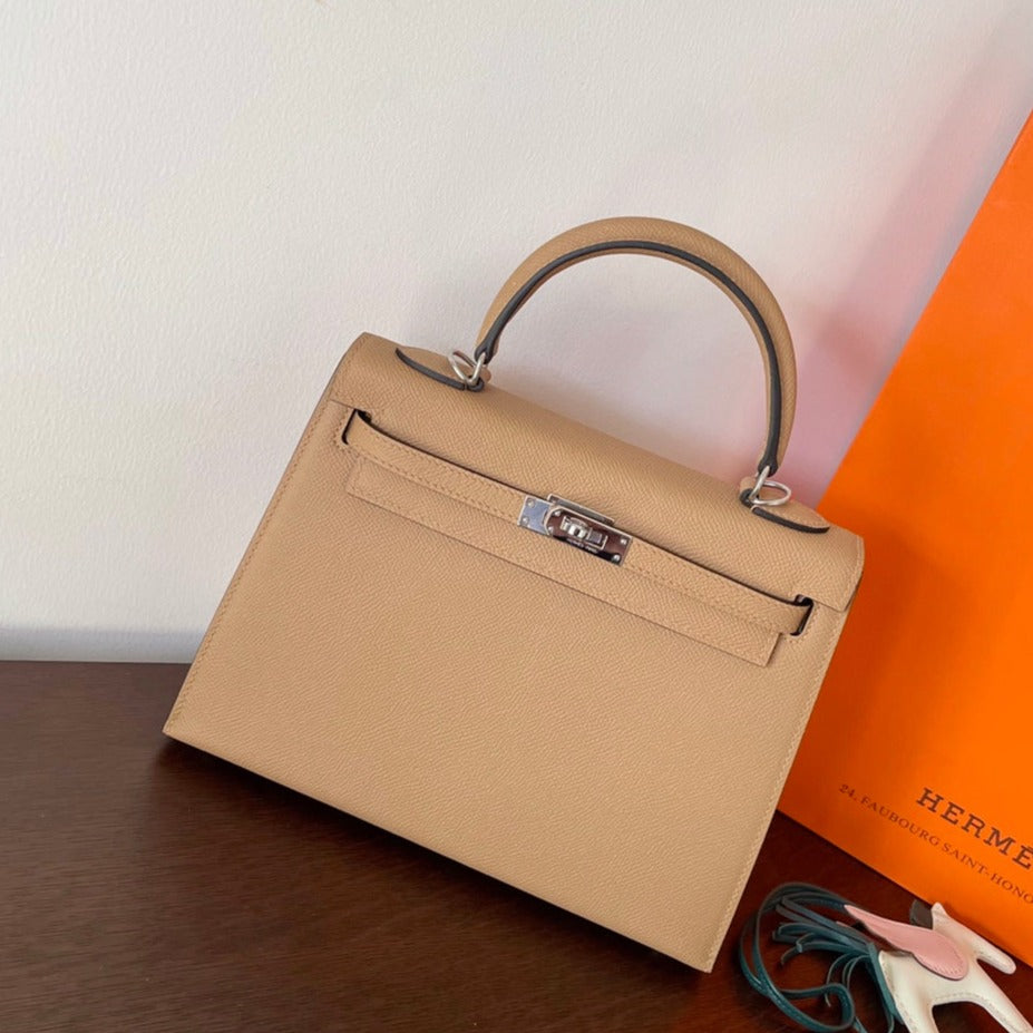 H*M K*LLY 25CM BEIGE EPSOM LEATHER SILVER HARDWARE