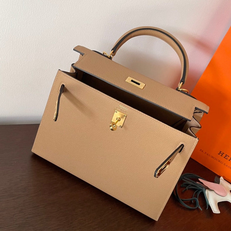 H*M K*LLY 25CM BEIGE EPSOM LEATHER GOLD HARDWARE