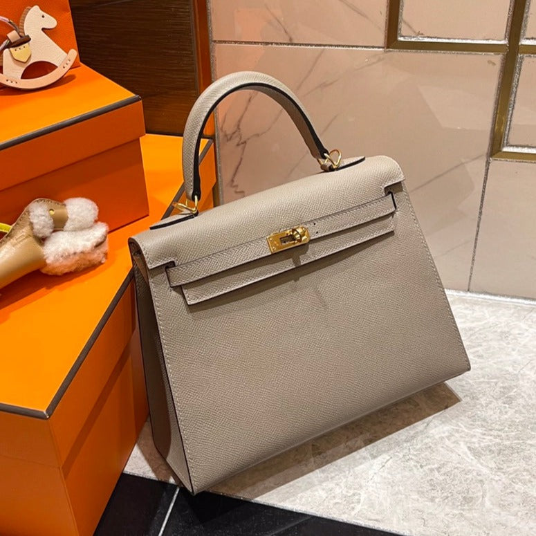 H*M K*LLY 25CM GREY EPSOM LEATHER GOLD HARDWARE