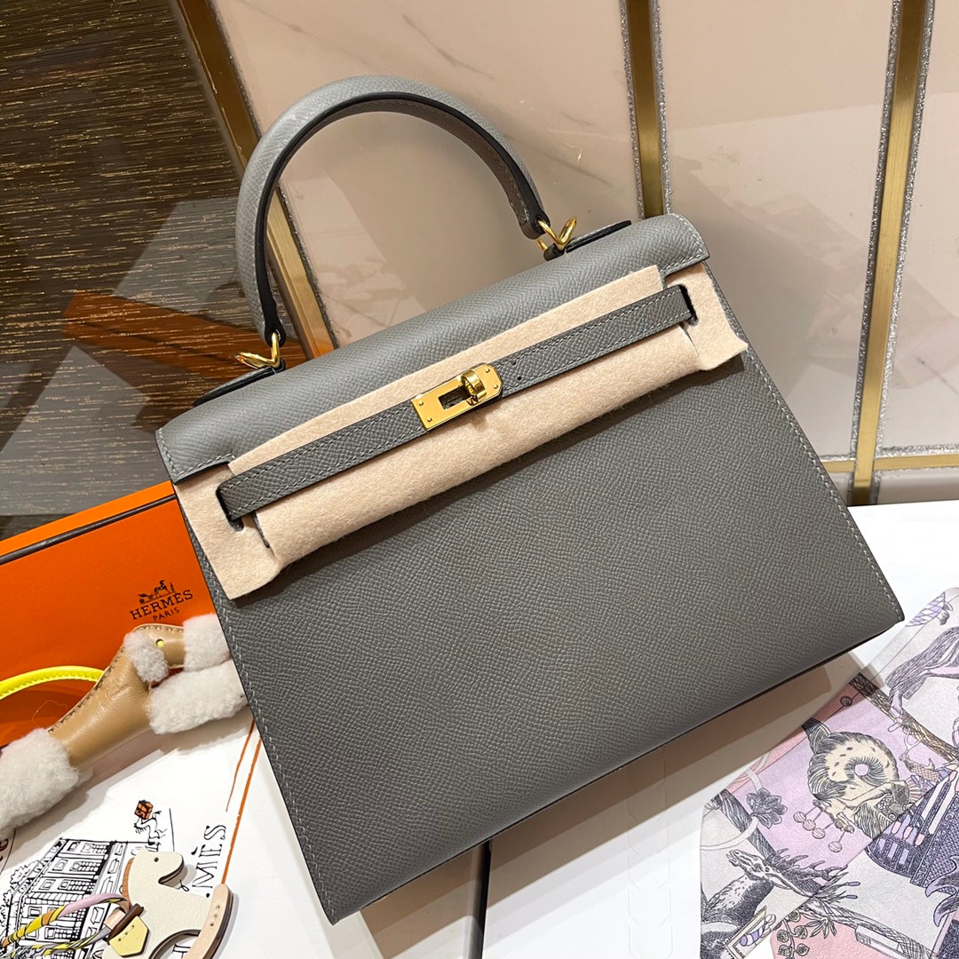 H*M K*LLY 25CM GRIS MOUETTE EPSOM LEATHER GOLD HARDWARE