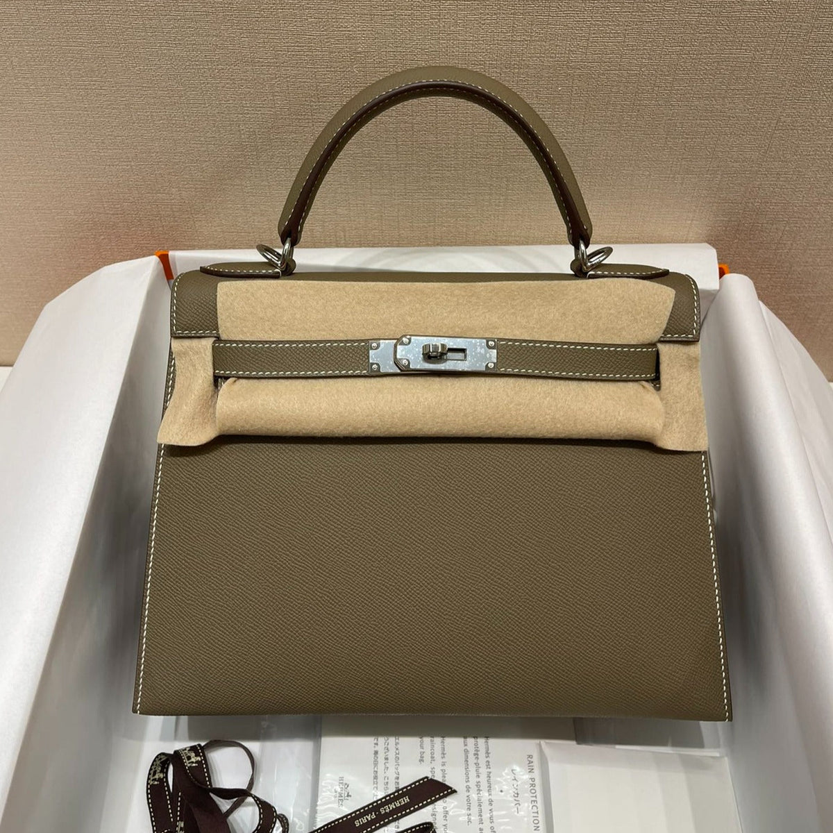 H*M K*LLY 28CM ETOUPE EPSOM LEATHER SILVER HARDWARE