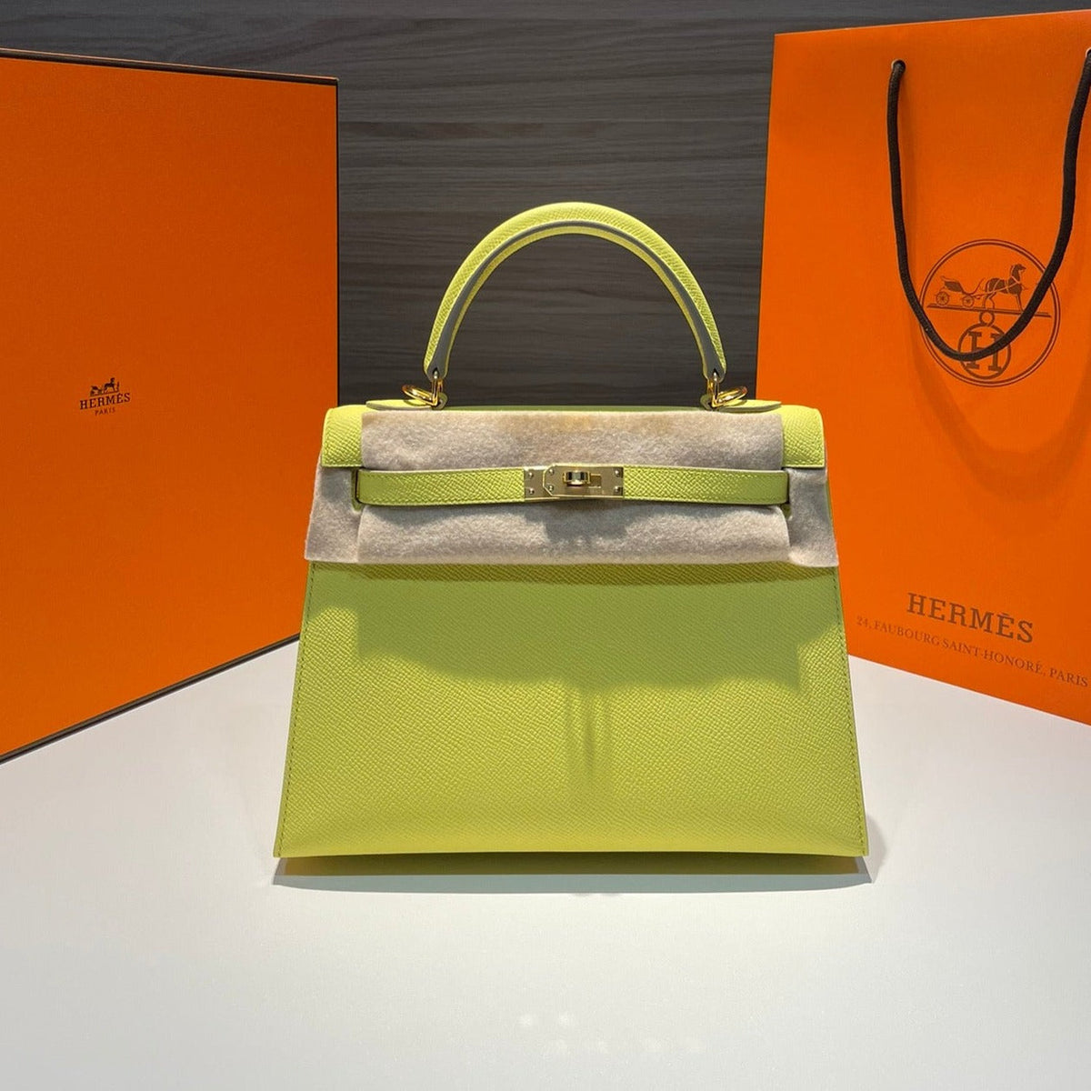 H*M K*LLY 25CM LIME EPSOM LEATHER GOLD HARDWARE