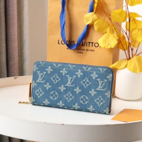 L*V MONOGRAM DENIM LEATHER 19CM LONG WALLET