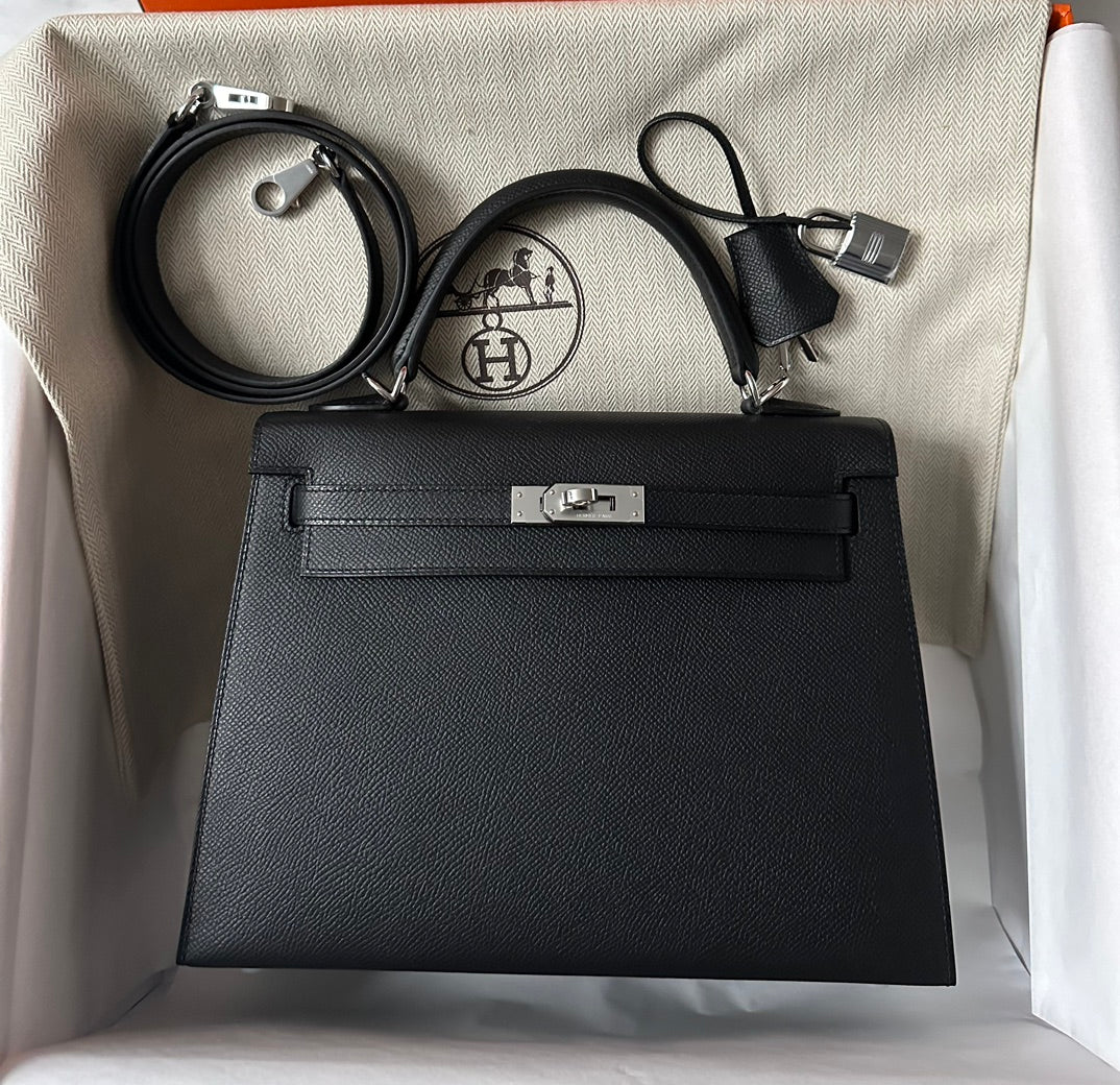 H*M K*LLY 25CM BLACK EPSOM SILVER HARDWARE