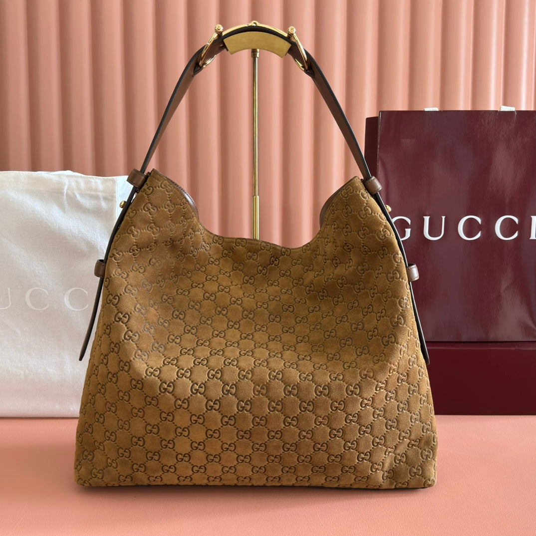 GG 25FW Beatrix Horsebit Handbag 40cm Brown Suede GHW
