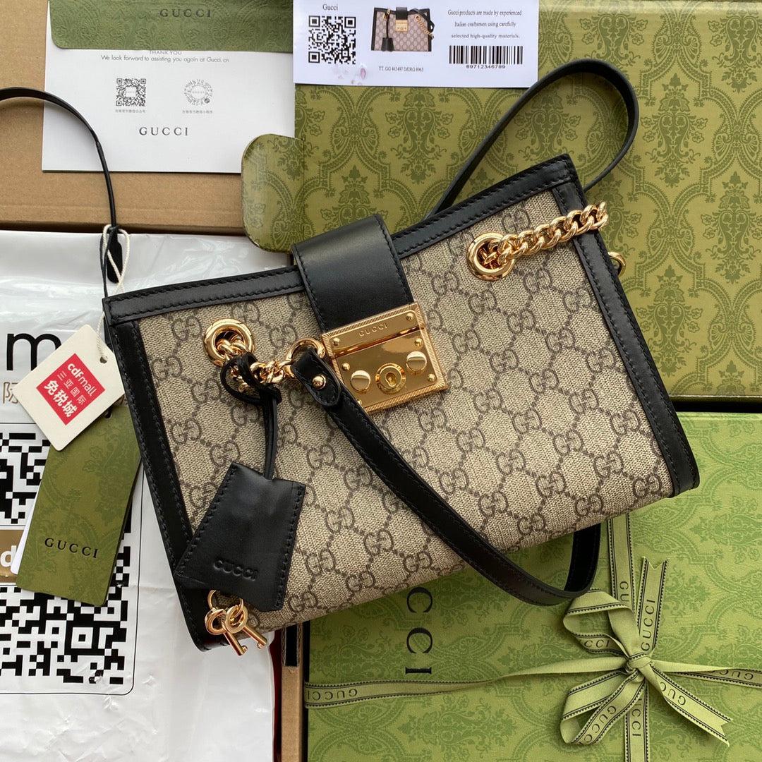 G*G PADLOCK MEDIUM 26 SHOULDER BAG BEIGE CANVAS AND BLACK CALFSKIN