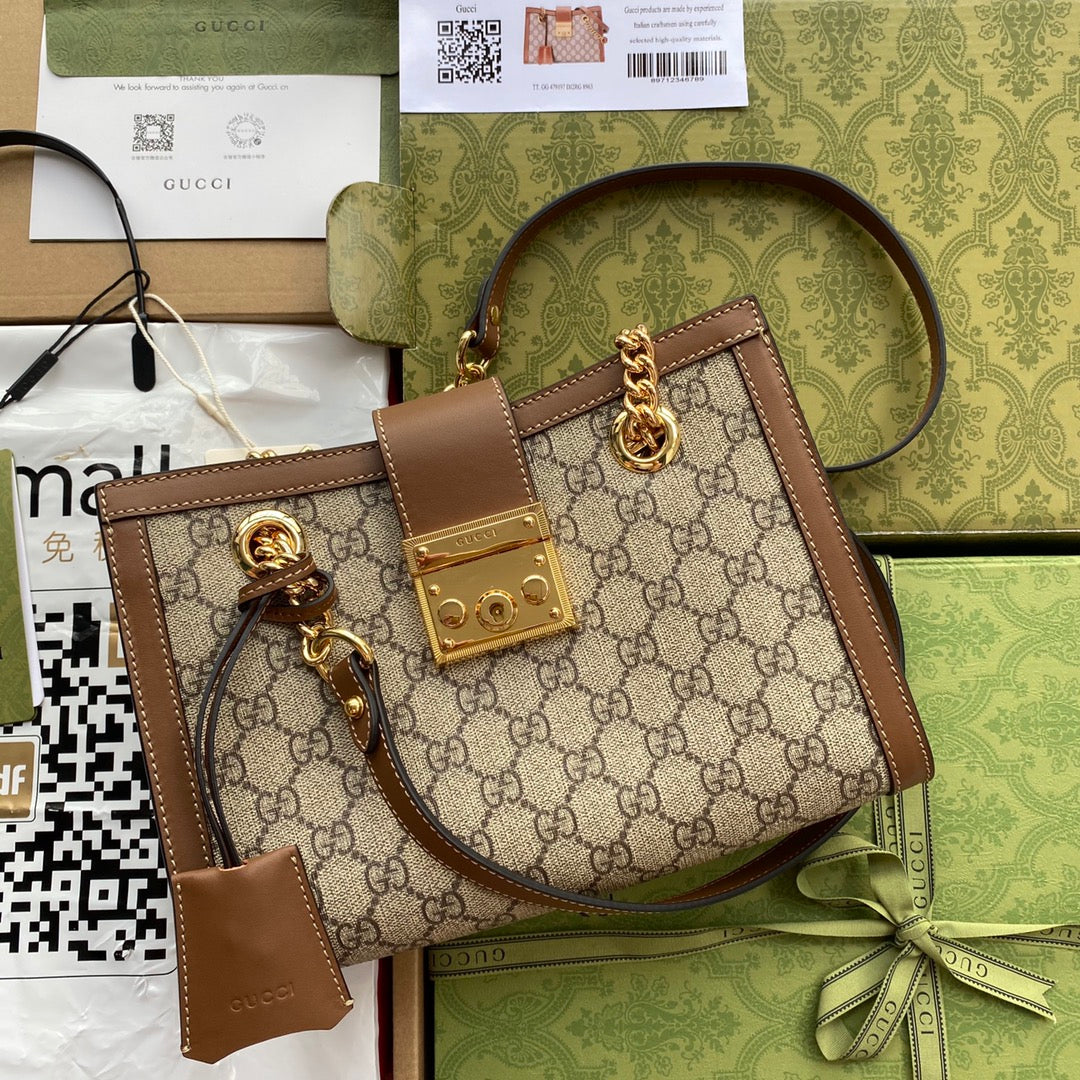 G*G PADLOCK MEDIUM 26 SHOULDER BAG BEIGE CANVAS AND BROWN CALFSKIN