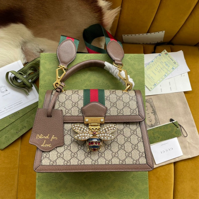 G*G MINI 25 HANDBAG IN BEIGE CANVAS AND BROWN CALFSKIN