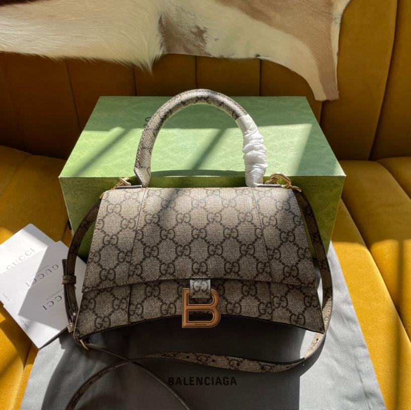G*G x BALENCI*GA HOURGLASS BAG 22 IN BEIGE EBONY MONOGRAM CANVAS GOLD HARDWARE