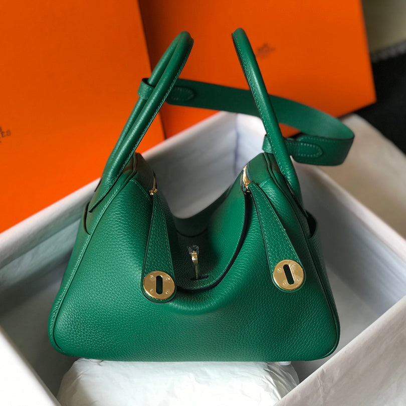 H*M LINDY 30 BAG IN OCEAN GREEN CALFSKIN GOLD HARDWARE