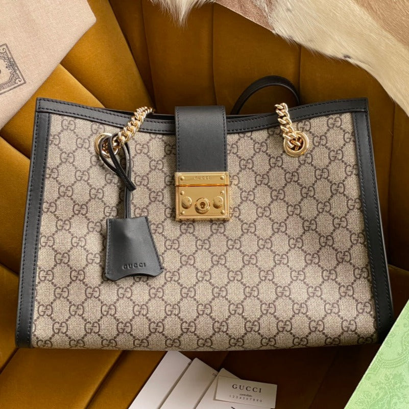 G*G PADLOCK LARGE 35 SHOULDER BAG BEIGE CANVAS AND BLACK CALFSKIN