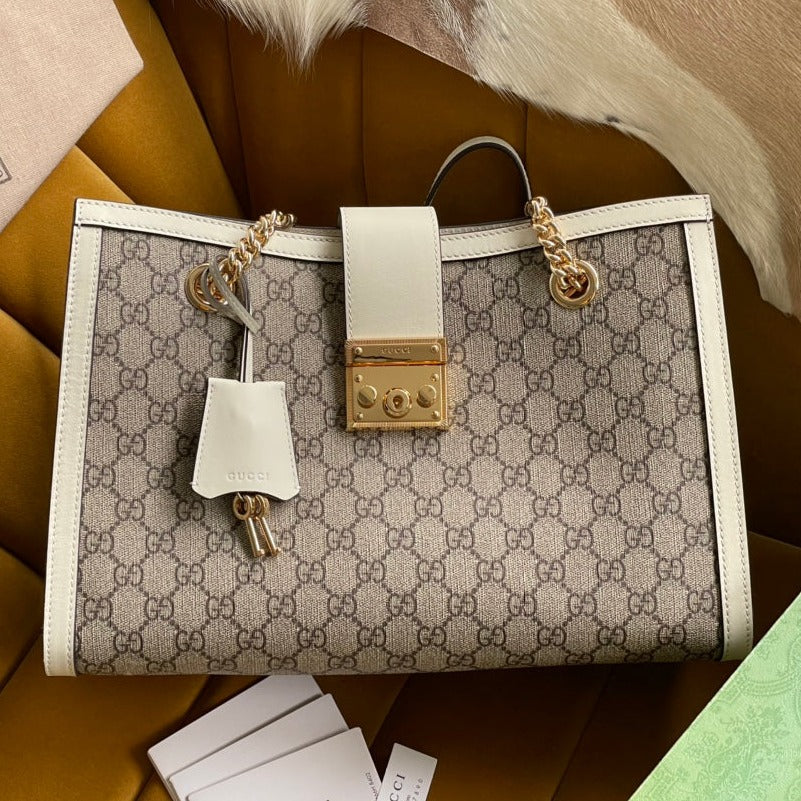 G*G PADLOCK LARGE 35 SHOULDER BAG BEIGE CANVAS AND WHITE CALFSKIN