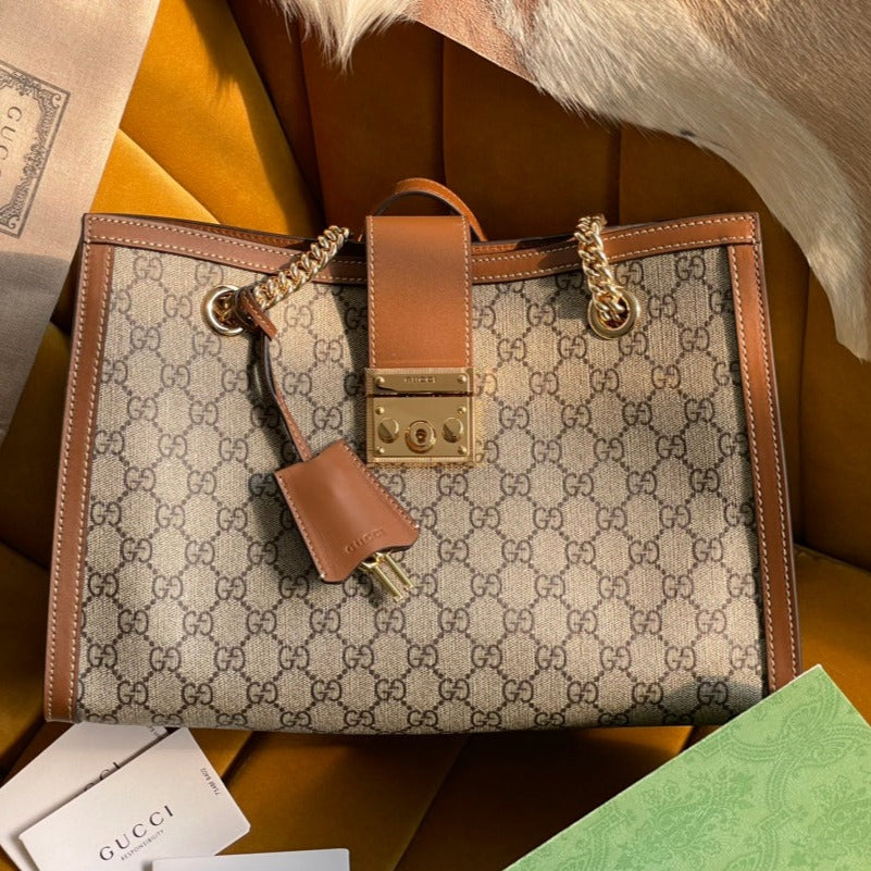 G*G PADLOCK LARGE 35 SHOULDER BAG BEIGE CANVAS AND BROWN CALFSKIN