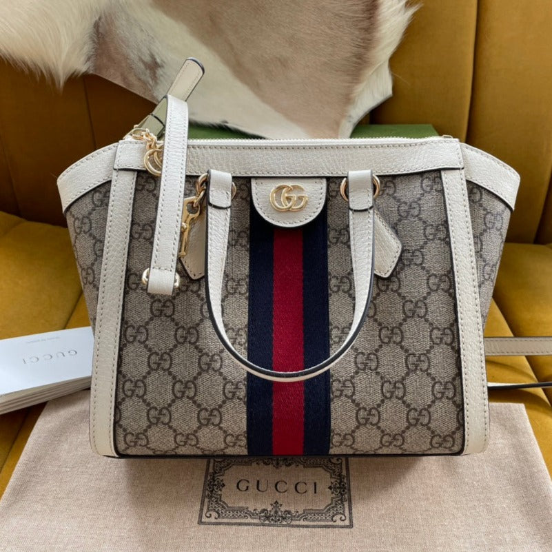 G*G OPHIDIA 24 TOTE IN BEIGE CANVAS AND WHITE CALFSKIN