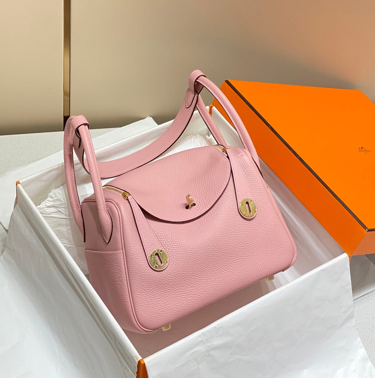 H*M LINDY 26 BAG IN BABY PINK TOGO LEATHER GOLD HARDWARE