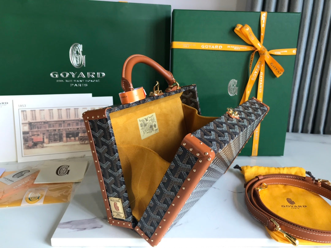 GRAND H_TEL TRUNK BAG 24 IN BLACK GOYARDINE CANVAS AND TAN CALFSKIN