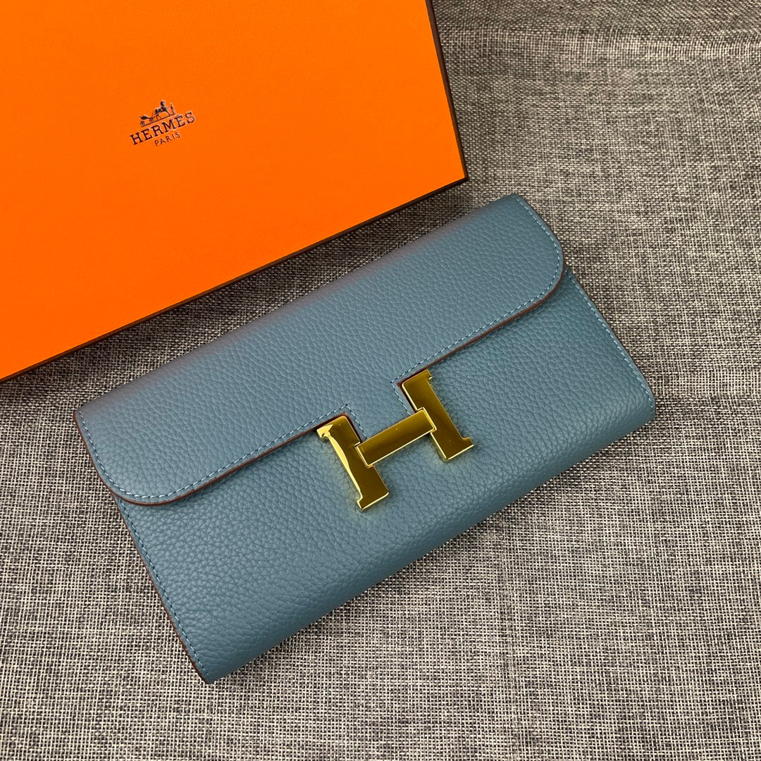 H*M CLUTCH C*NSTANCE 22 CERULEAN CALFSKIN GOLD HARDWARE