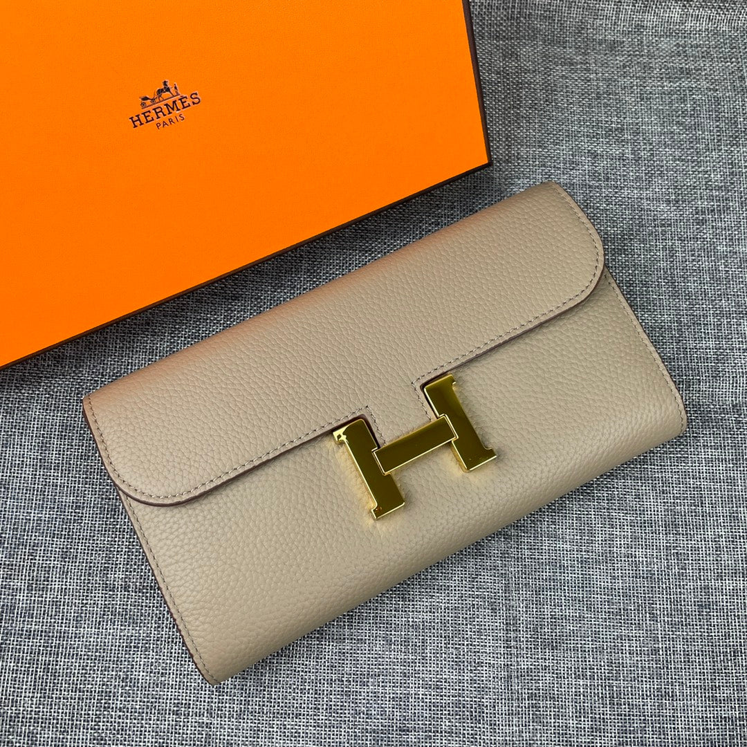 H*M CLUTCH C*NSTANCE 22 KHAKI CALFSKIN GOLD HARDWARE