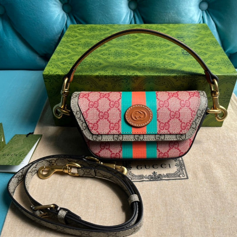 G*G MINI 13 HANDBAG IN LIGHT PINK AND BEIGE CANVAS