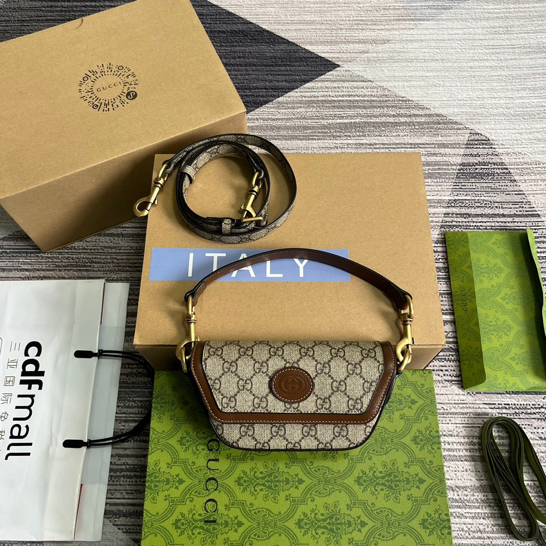 G*G MINI 13 HANDBAG IN BEIGE CANVAS AND BROWN CALFSKIN