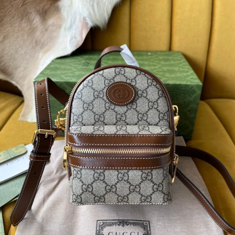 G*G MULTI-FUNCTION MINI 19 BACKPACK IN BEIGE AND BROWN CANVAS
