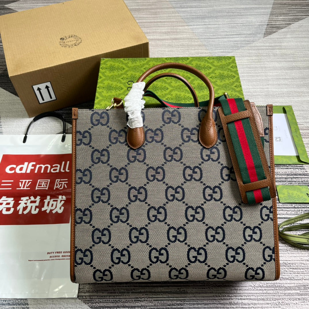 G*G LARGE 37 TOTE BAG IN GREY CANVAS AND BROWN CALFSKIN