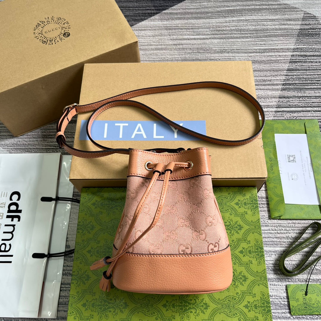 G*G OPHIDIA MINI 19 BUCKET LIGHT PINK CANVAS AND CALFSKIN