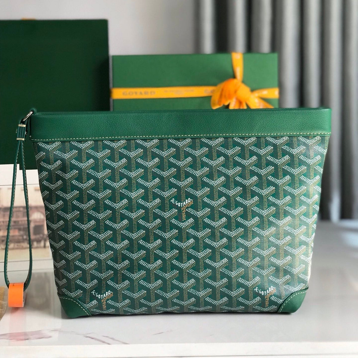 CONTI POUCH 24 IN GREEN LAMBSKIN AND GOY*RDINE CANVAS