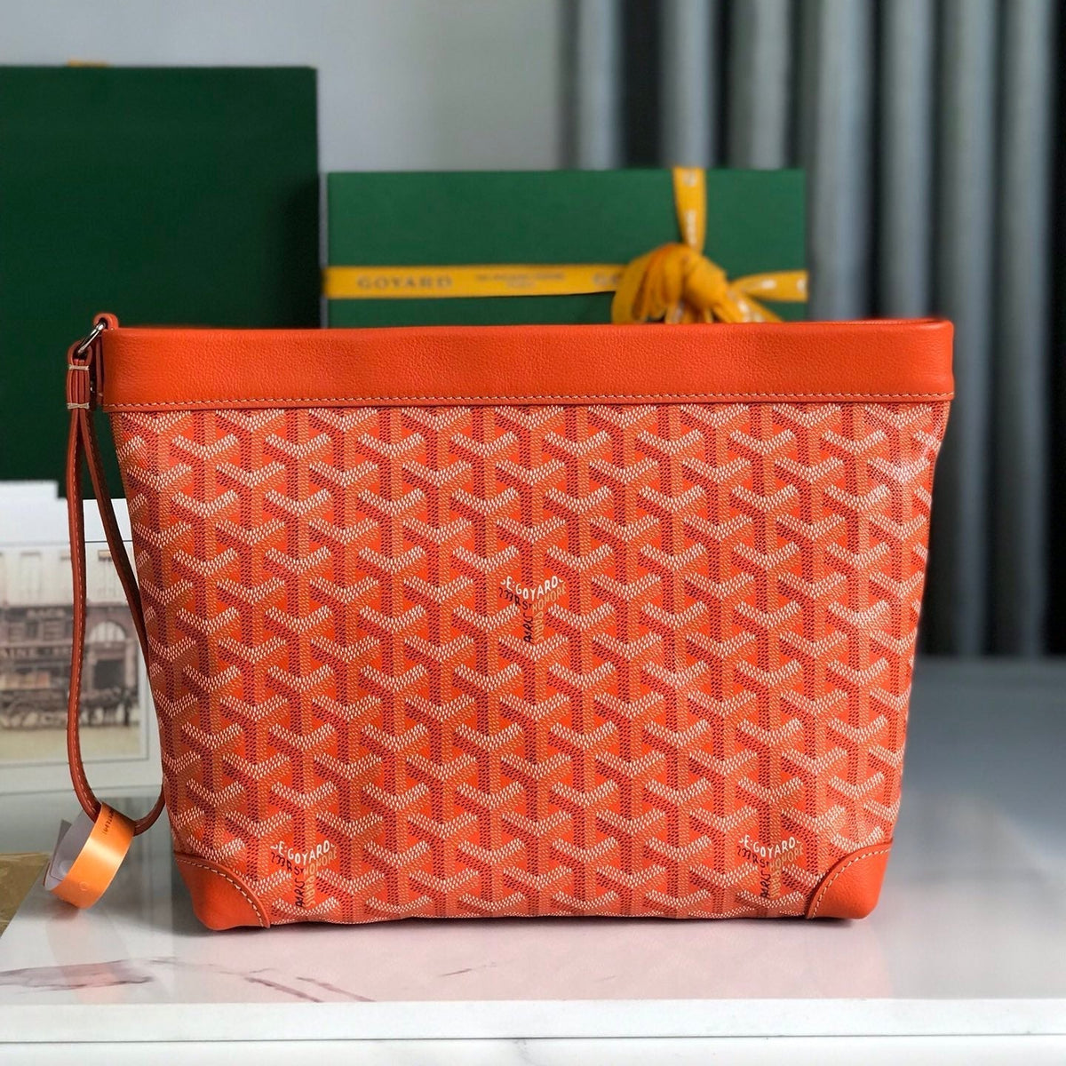 CONTI POUCH 24 IN ORANGE LAMBSKIN AND GOY*RDINE CANVAS