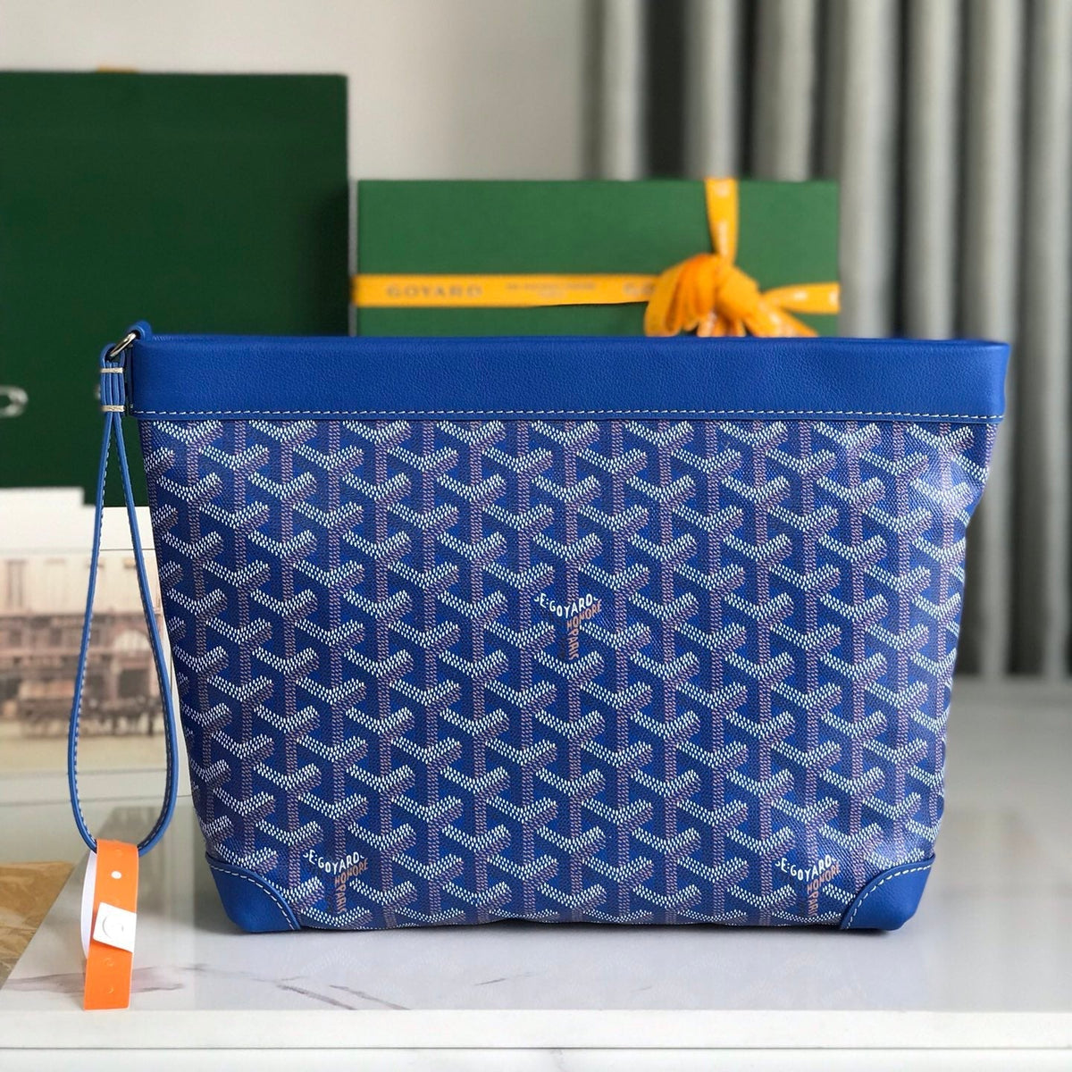 CONTI POUCH 24 IN SAPPHIRE BLUE LAMBSKIN AND GOY*RDINE CANVAS