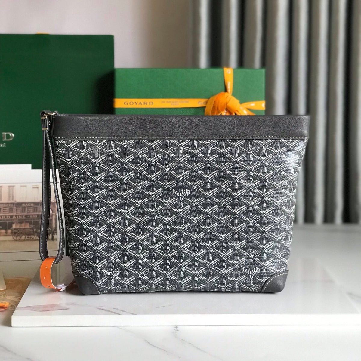 CONTI POUCH 24 IN GREY BLACK LAMBSKIN AND GOY*RDINE CANVAS