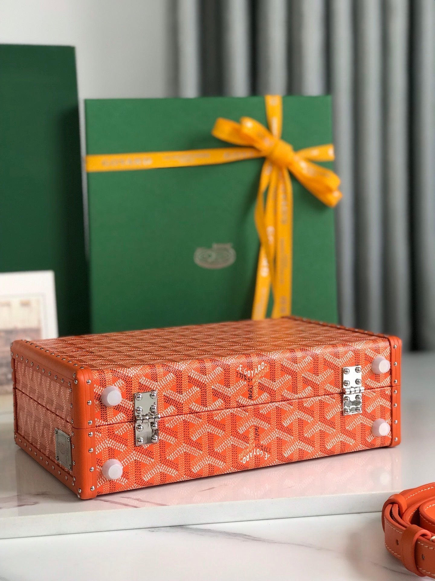 GRAND H_TEL TRUNK BAG 24 IN ORANGE GOYARDINE CANVAS AND CALFSKIN