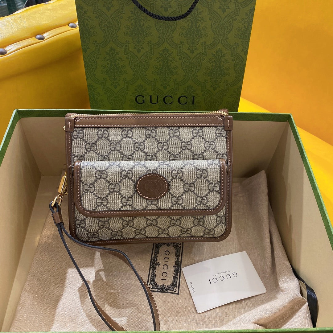 G*G SMALL 21 CROSSBODY BAG WITH TAG IN BEIGE CANVAS AND BROWN CALFSKIN