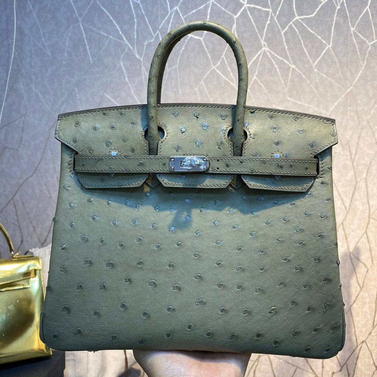 H*M B*RKIN 30CM KHAKI OSTRICH LEATHER SILVER HARDWARE