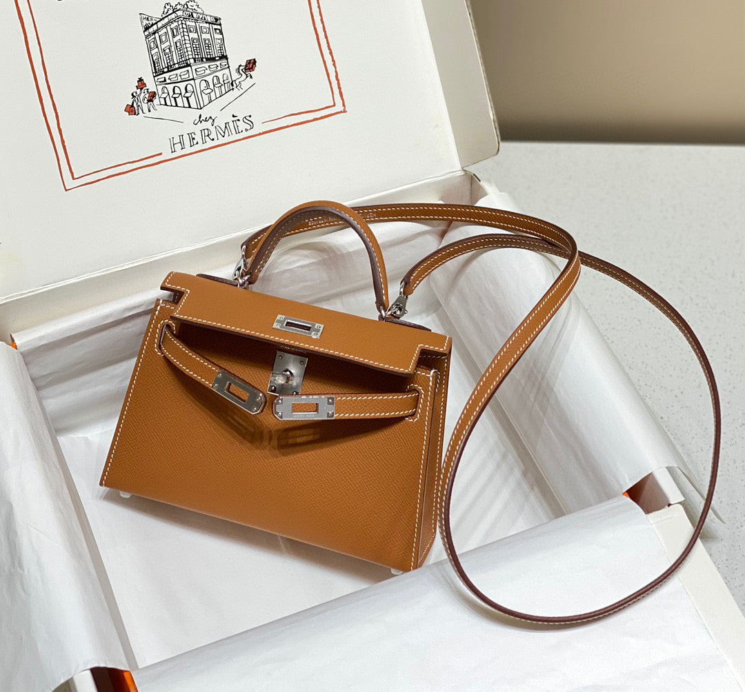 H*M K*LLY MINI 20 GOLDEN BROWN EPSOM SILVER HARDWARE