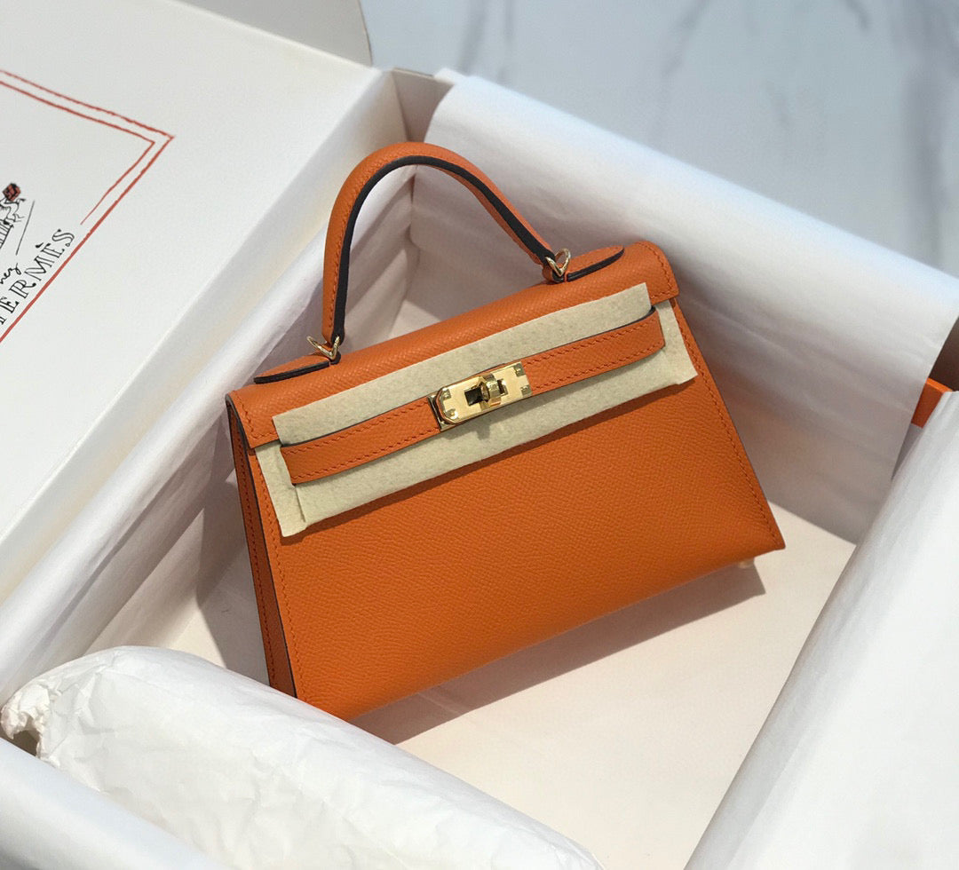 H*M K*LLY MINI 20 ORANGE EPSOM GOLD HARDWARE