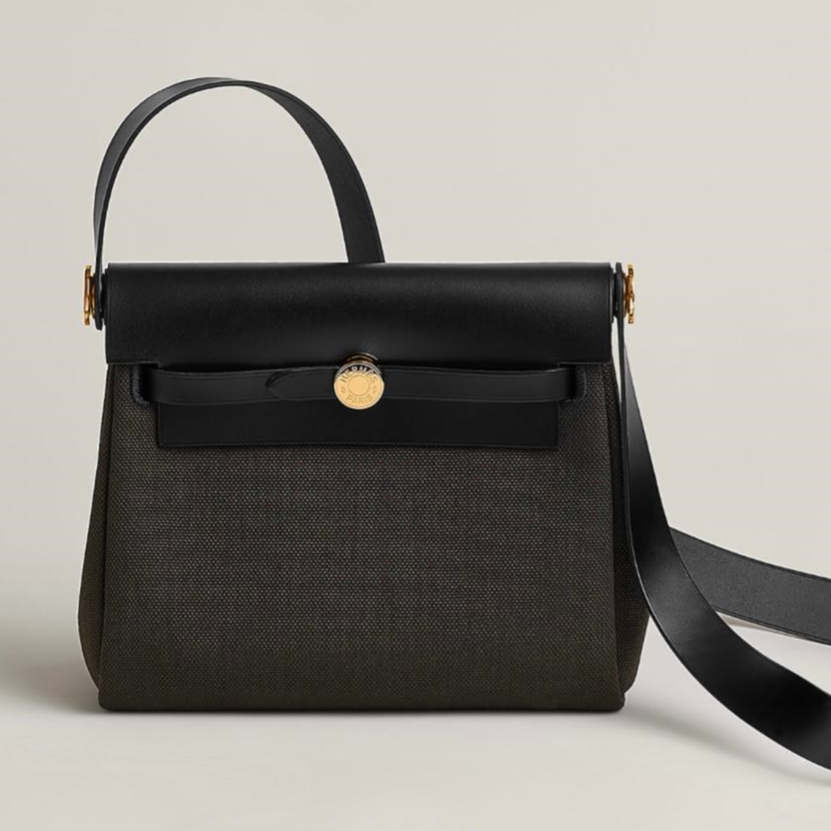 H*M HERBAG ZIP 20 BLACK CALFSKIN & CANVAS GHW