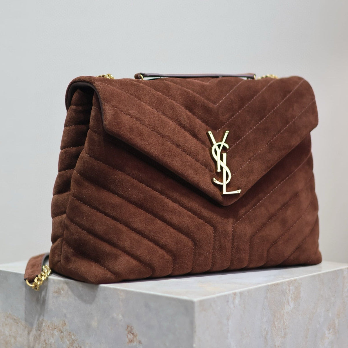 LOU*OU 32 IN BROWN SUEDE CALFSKIN GOLD HARDWARE
