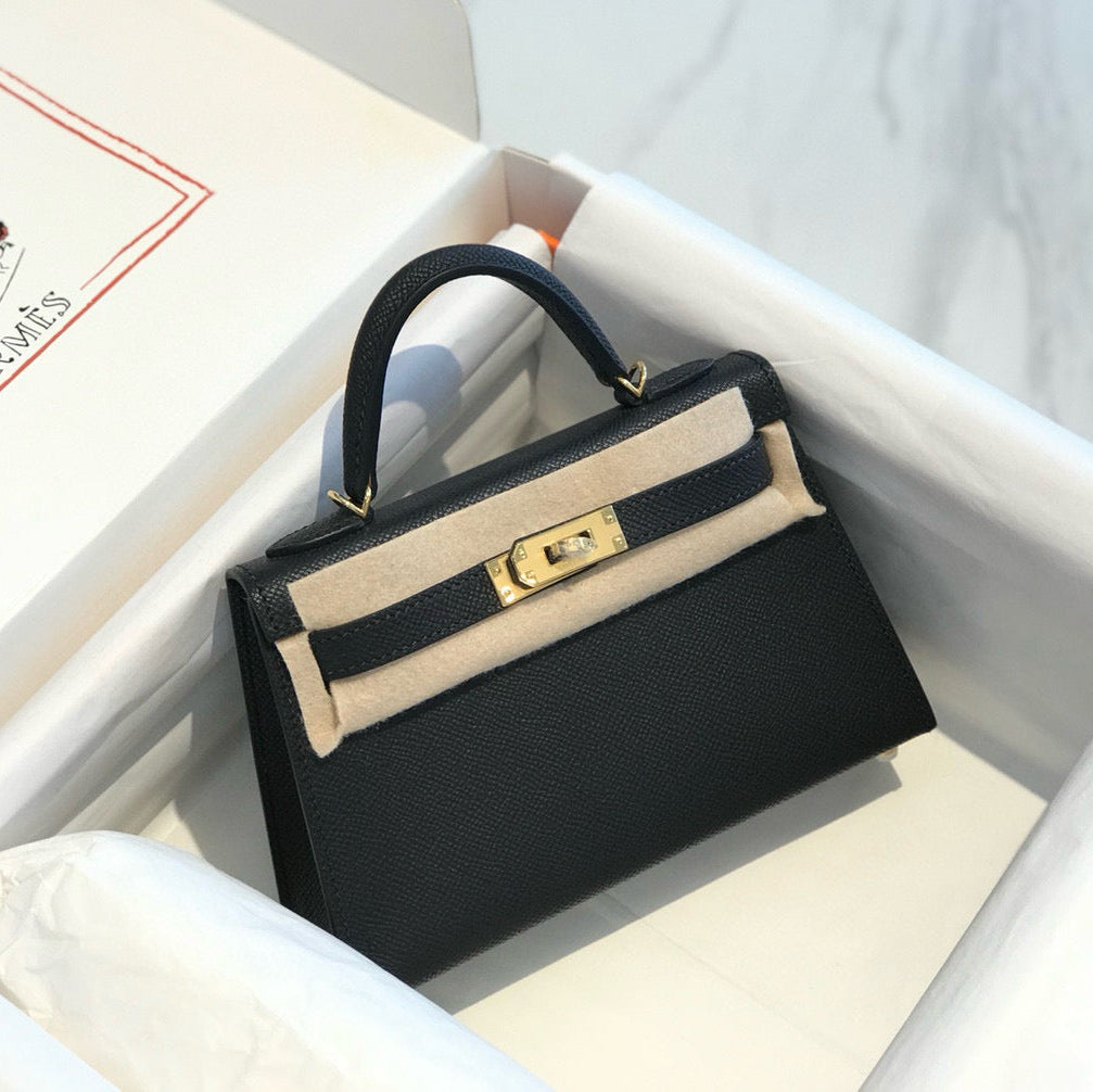 H*M K*LLY MINI 19 BLACK EPSOM CALFSKIN GOLD HARDWARE