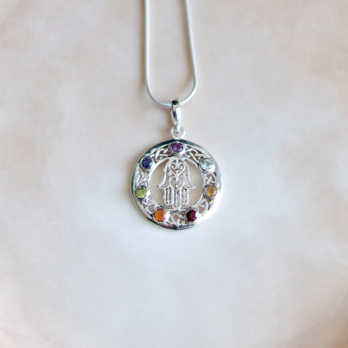 Sterling Silver Hamsa Hand Chakra Pendant Necklace, Gemstone Talisman