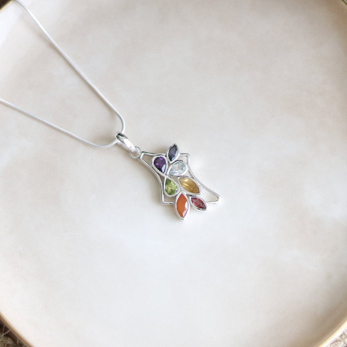 Sterling Silver Chakra Gemstone Pendant, Leaf Design Yoga Necklace