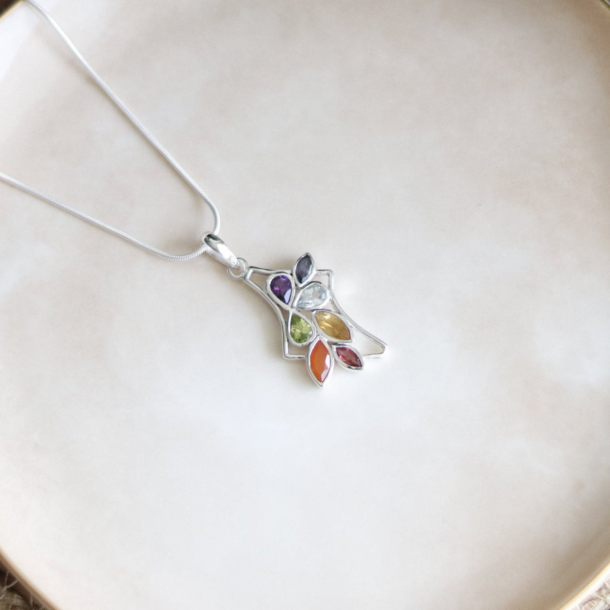 Sterling Silver Chakra Gemstone Pendant, Leaf Design Yoga Necklace
