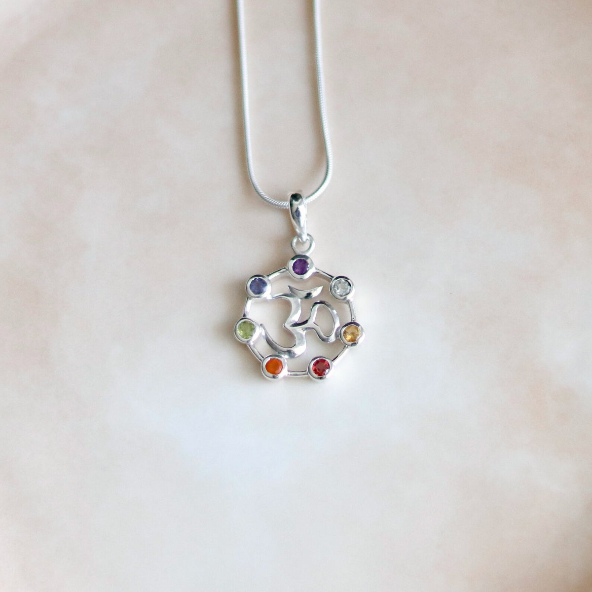Sterling Silver Om Chakra Pendant, Natural Gemstone Yoga Necklace