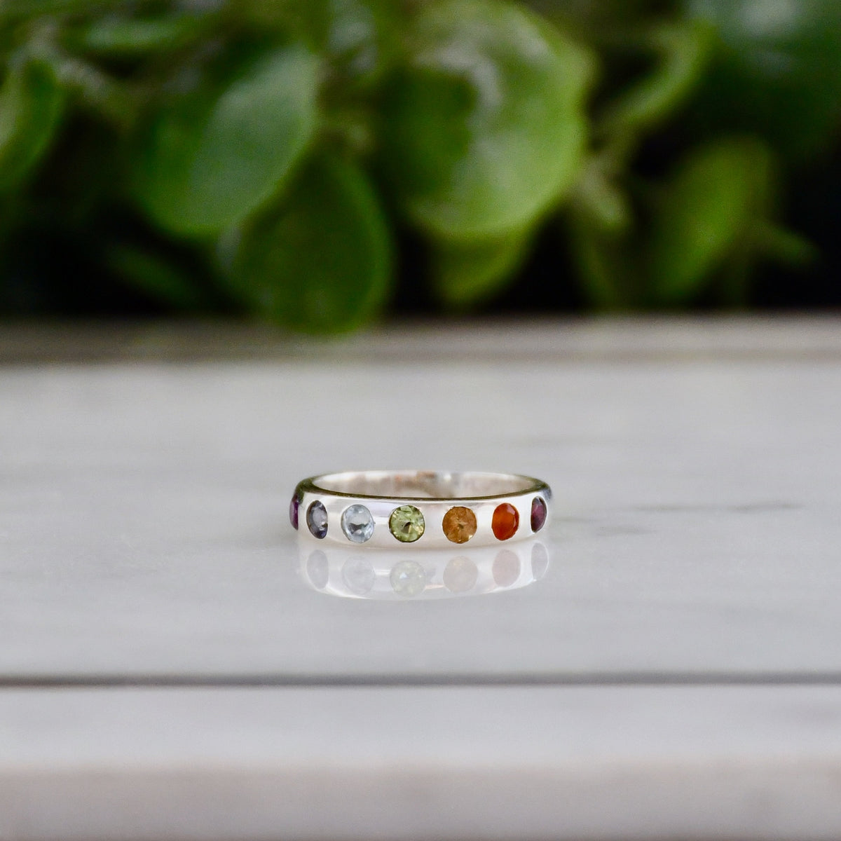 Sterling Silver Chakra Ring, Natural Gemstone Stacking Band, Yoga Jewelry