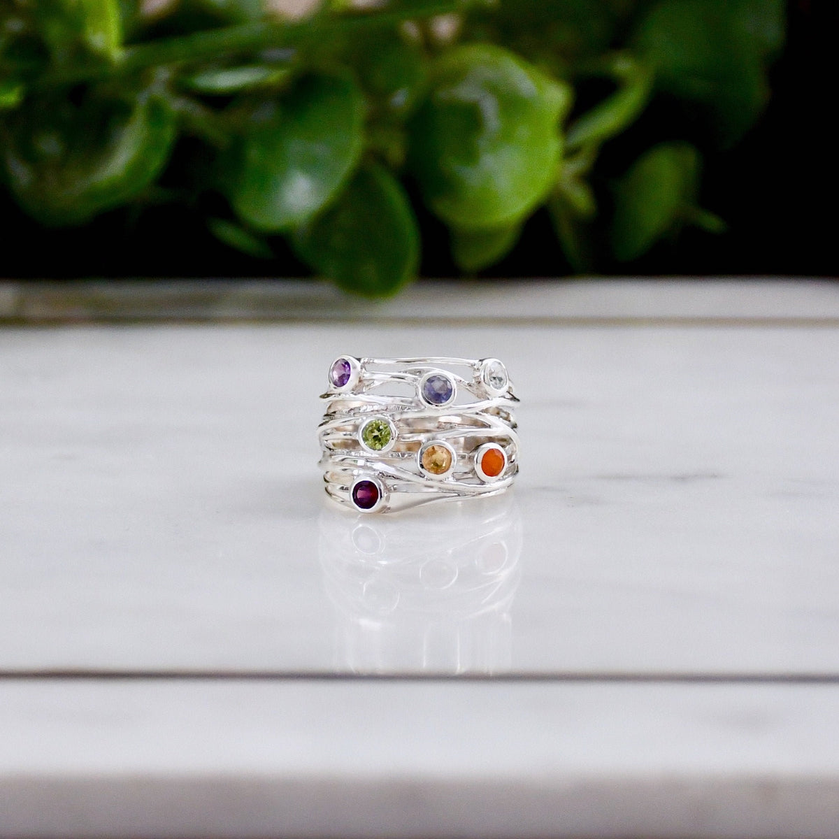Statement Chakra Ring, Sterling Silver, 7 Gemstones Yoga Jewelry