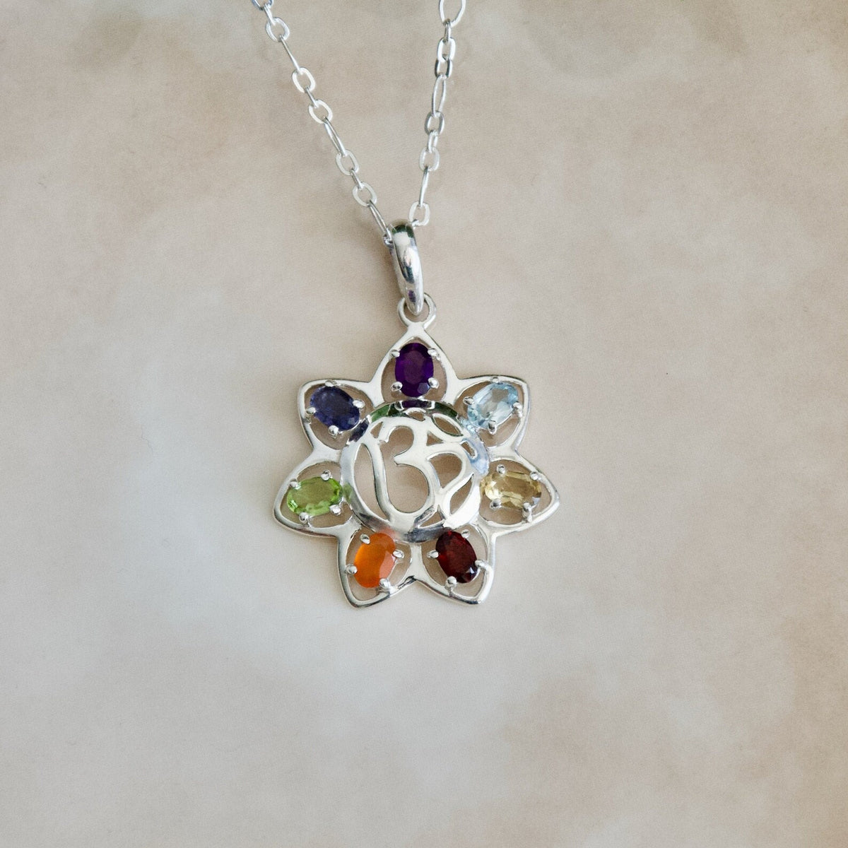 Sterling Silver Om Chakra Pendant, 7 Gemstone Flower Necklace