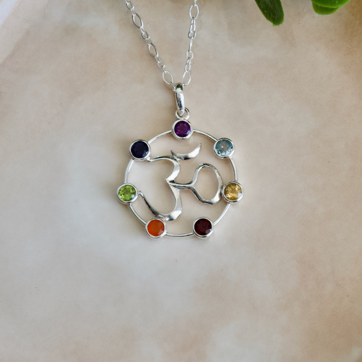 Sterling Silver Om Chakra Pendant, Natural Gemstone Necklace