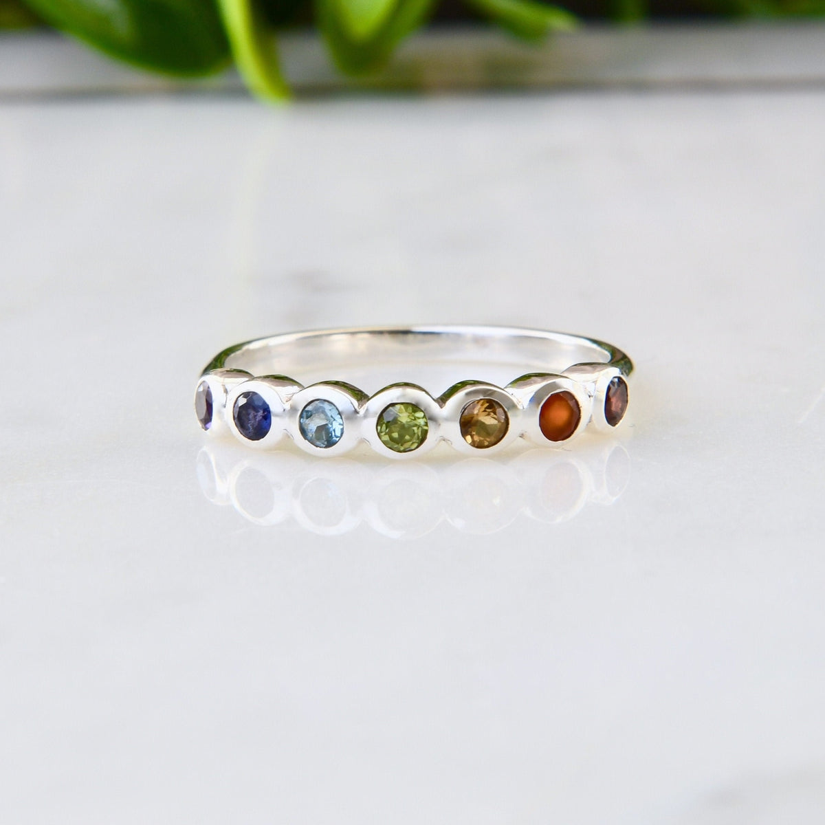 Sterling Silver Chakra Ring, Natural Gemstone Band, Yoga Jewelry